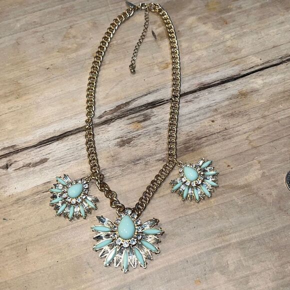 Aqua Rhinestone Choker Necklace Blue Green Cabochon Teardrop Crystal - Picture 2 of 7